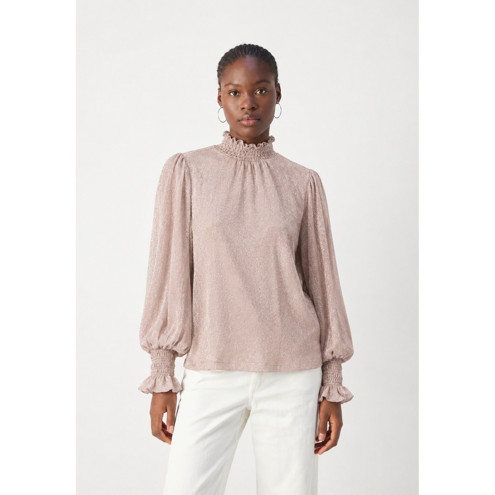 VENUS Gold Metallic Shimmer Smocked Ruffle High Neck Blouse Top M